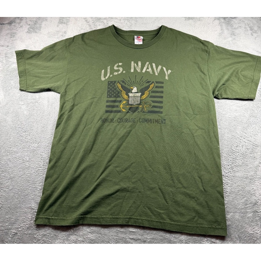 US Navy T Shirt Mens XL Green Eagle Flag Honor Courage Commitment Made USA